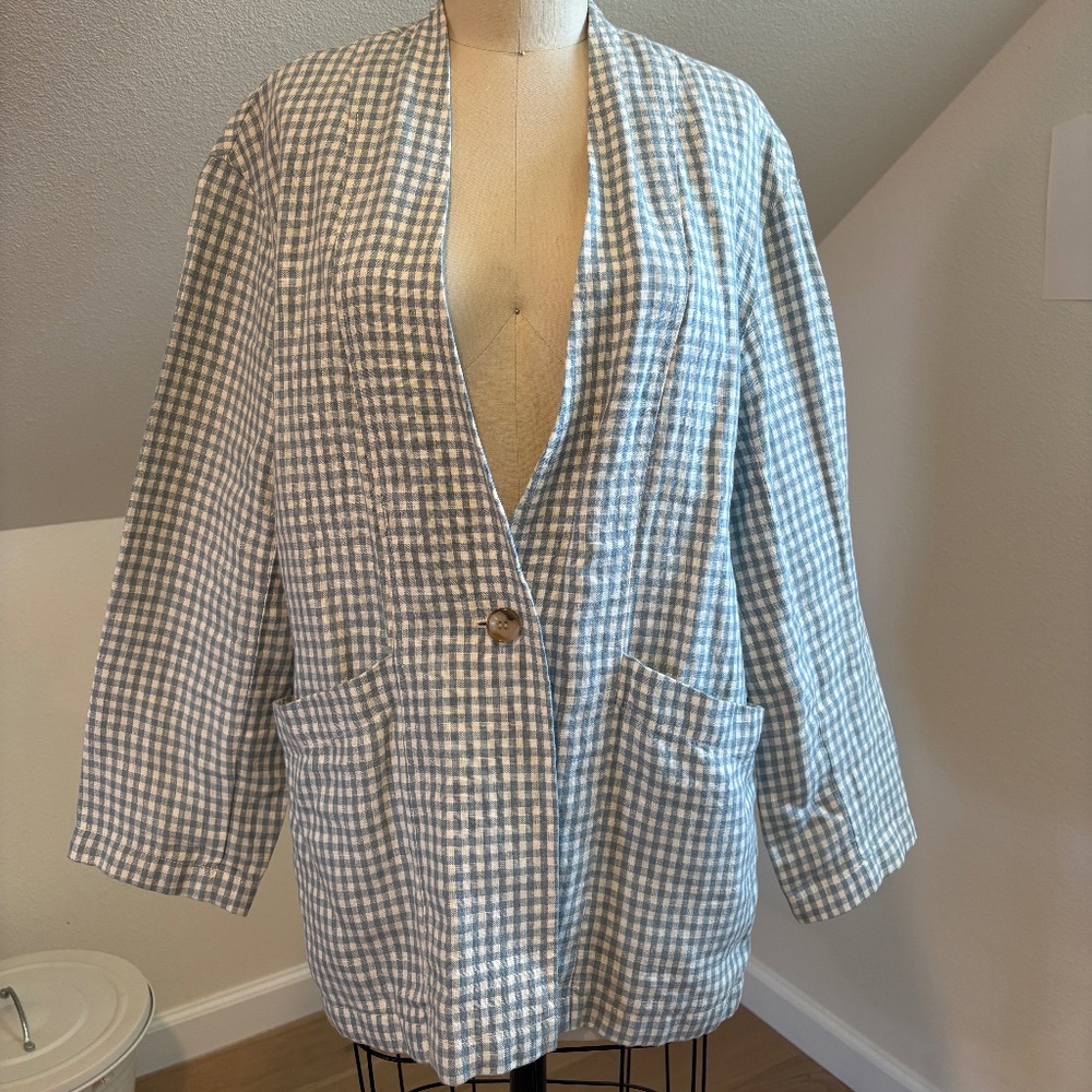 Madewell Women's S Blue Gingham Linen Blazer - Oversized